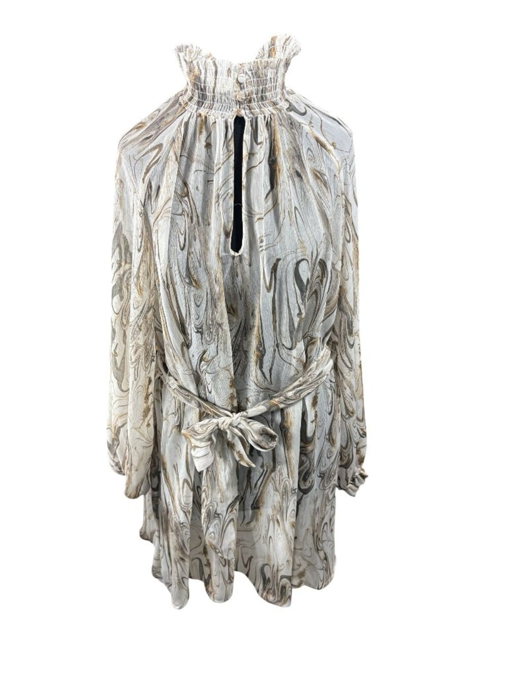 Banana Republic Womens Marble Print Smocked-Neck Long-Sleeve Tunic Dress With Ti